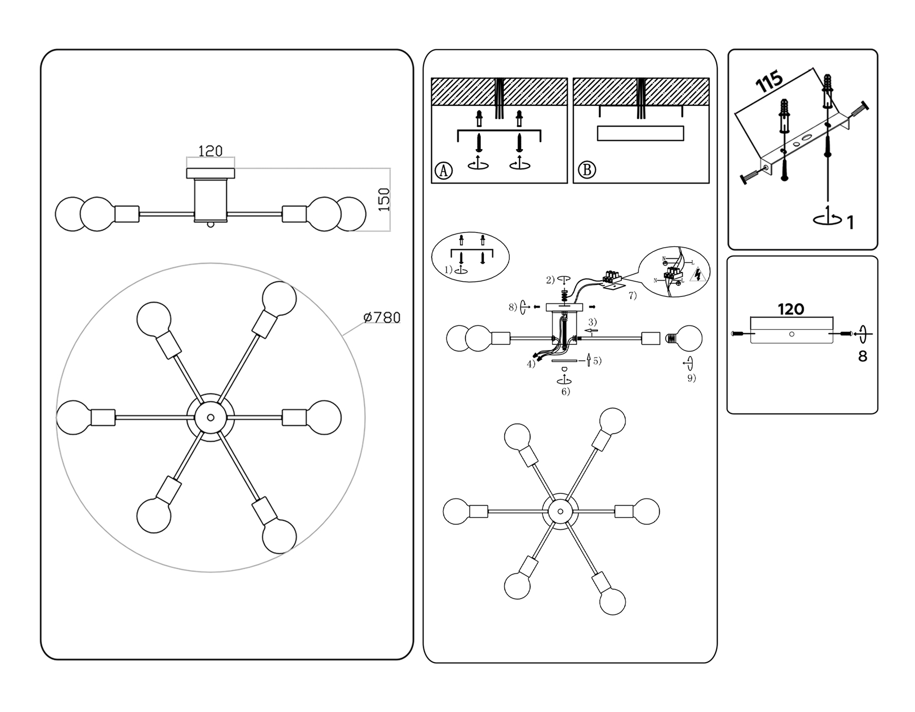 TR80402/6 BK черный E27/6 max 60W D780*150